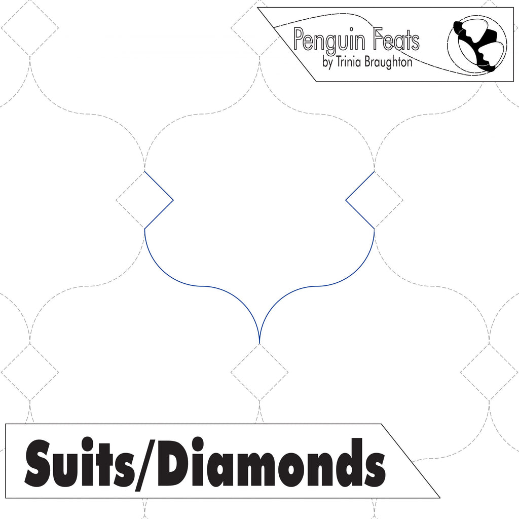 Quilting design with 'Suits/Diamonds' text and 'Penguin Feats' branding.