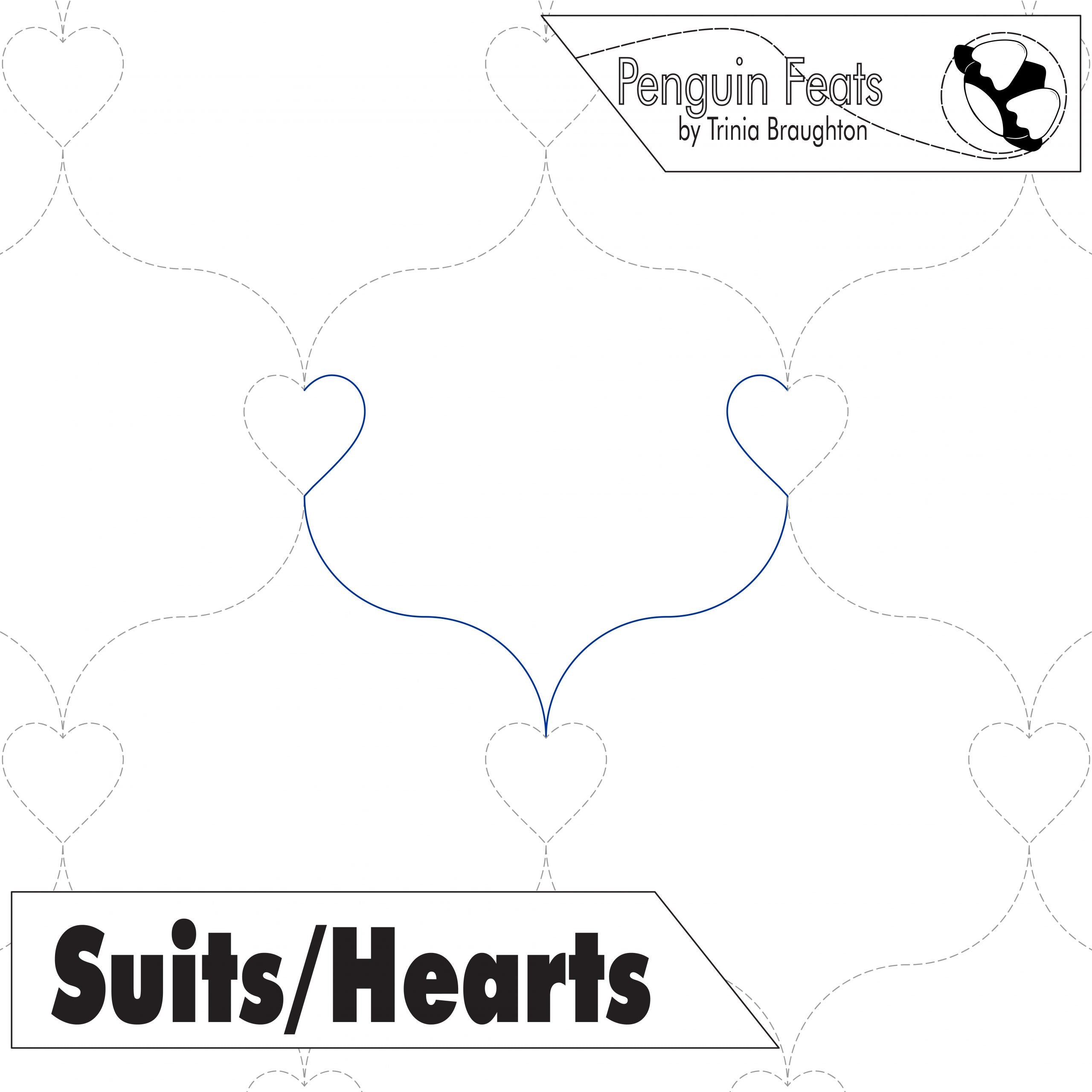 Continuous line hearts and 'Penguin Feats' branding on a white background.
