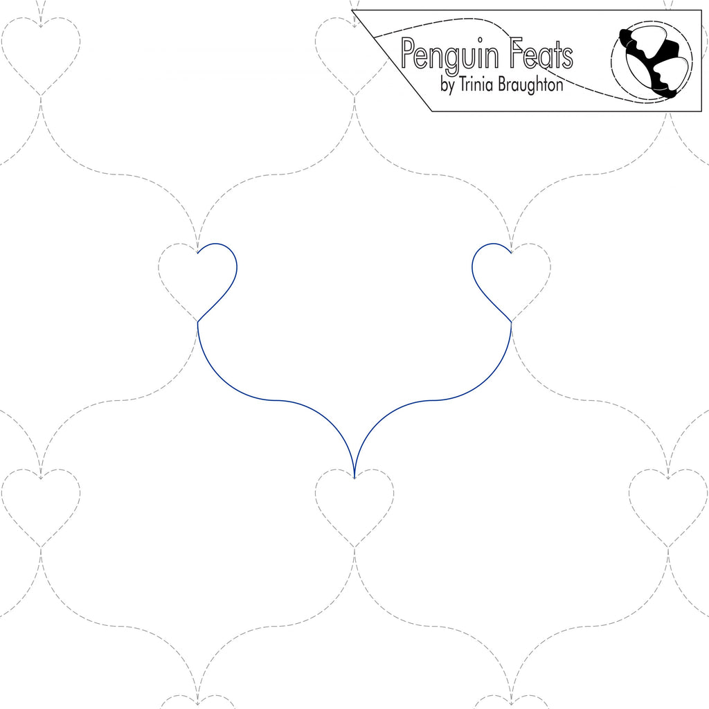 Continuous line design of hearts with curve with 'Penguin Feats' logo at the top