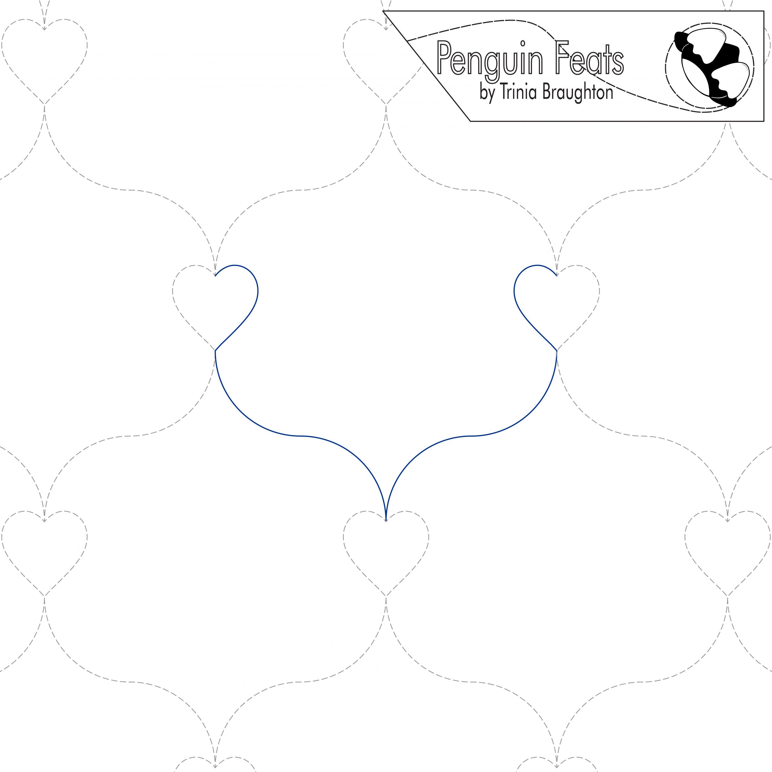 Continuous line design of hearts with curve with 'Penguin Feats' logo at the top
