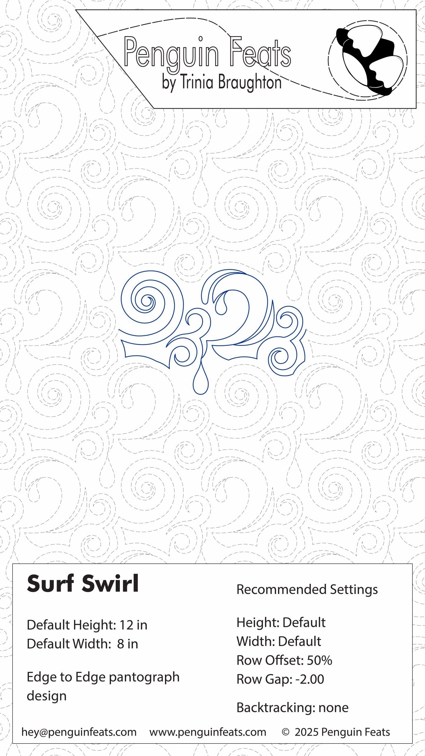 Design card for 'Surf Swirl' pattern by Penguin Feats with branding and technical details.