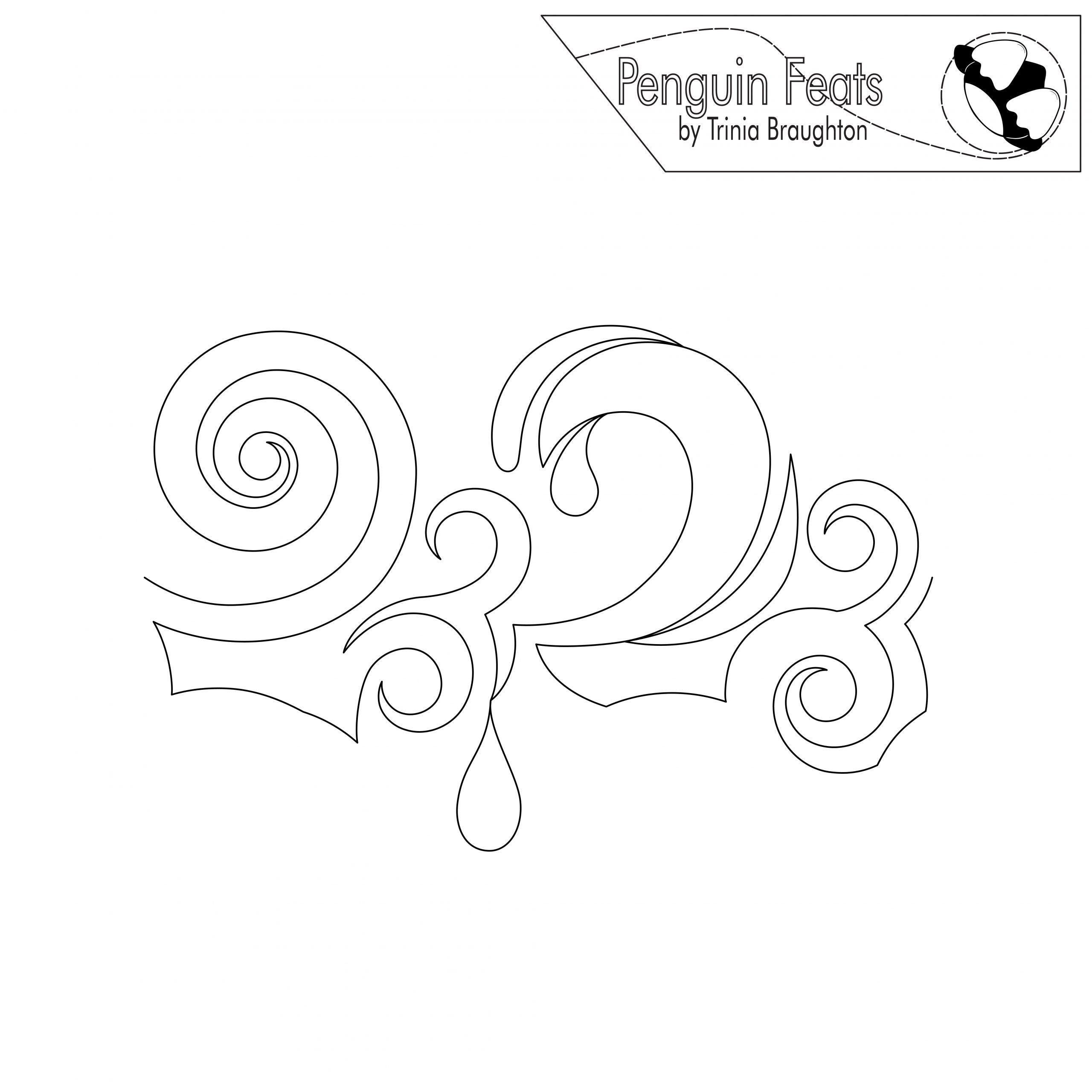 Decorative swirl design with 'Penguin Feats' branding at the top.