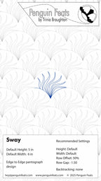 Information sheet for Sway digital quilting design with settings and Penguin Feats branding.