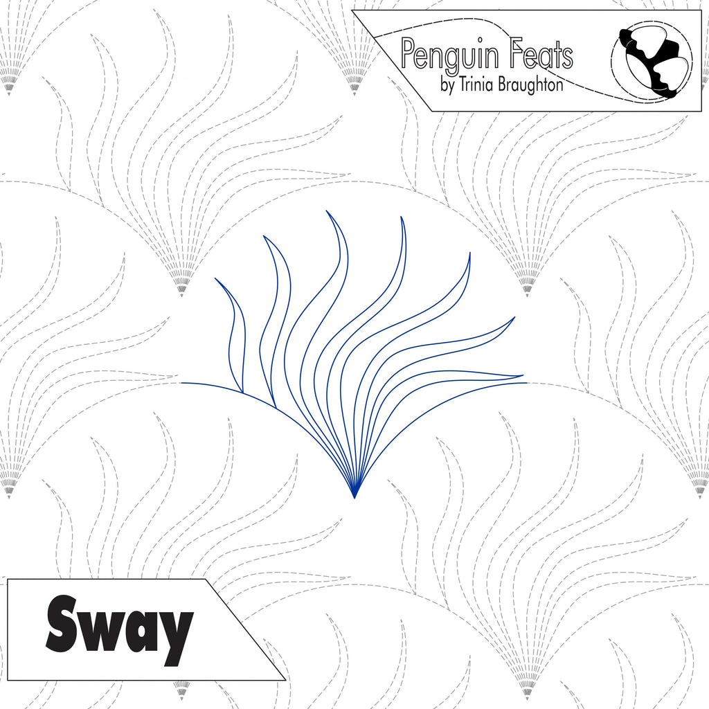 Blue continuous line of seaweed like shapes in repeating pattern titled Sway with Penguin Feats branding 