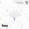 Blue continuous line of seaweed like shapes in repeating pattern titled Sway with Penguin Feats branding 