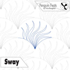 Blue continuous line of seaweed like shapes in repeating pattern titled Sway with Penguin Feats branding 