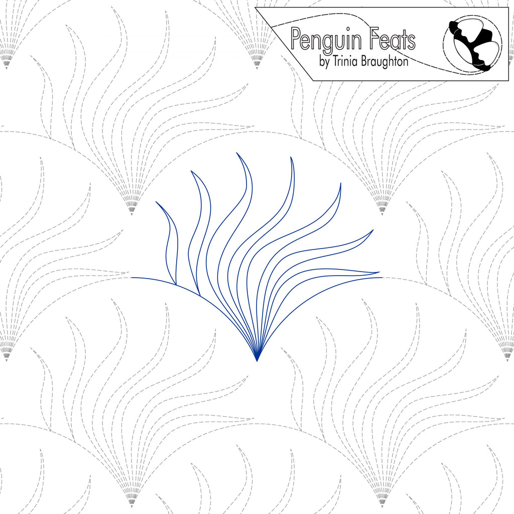 Design with blue feather-like shape on a white background, featuring 'Penguin Feats' by Trinia Braughton.