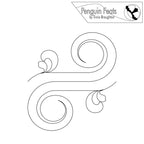 Mirrored swirling design elements on a white background, featuring the 'Penguin Feats' logo.