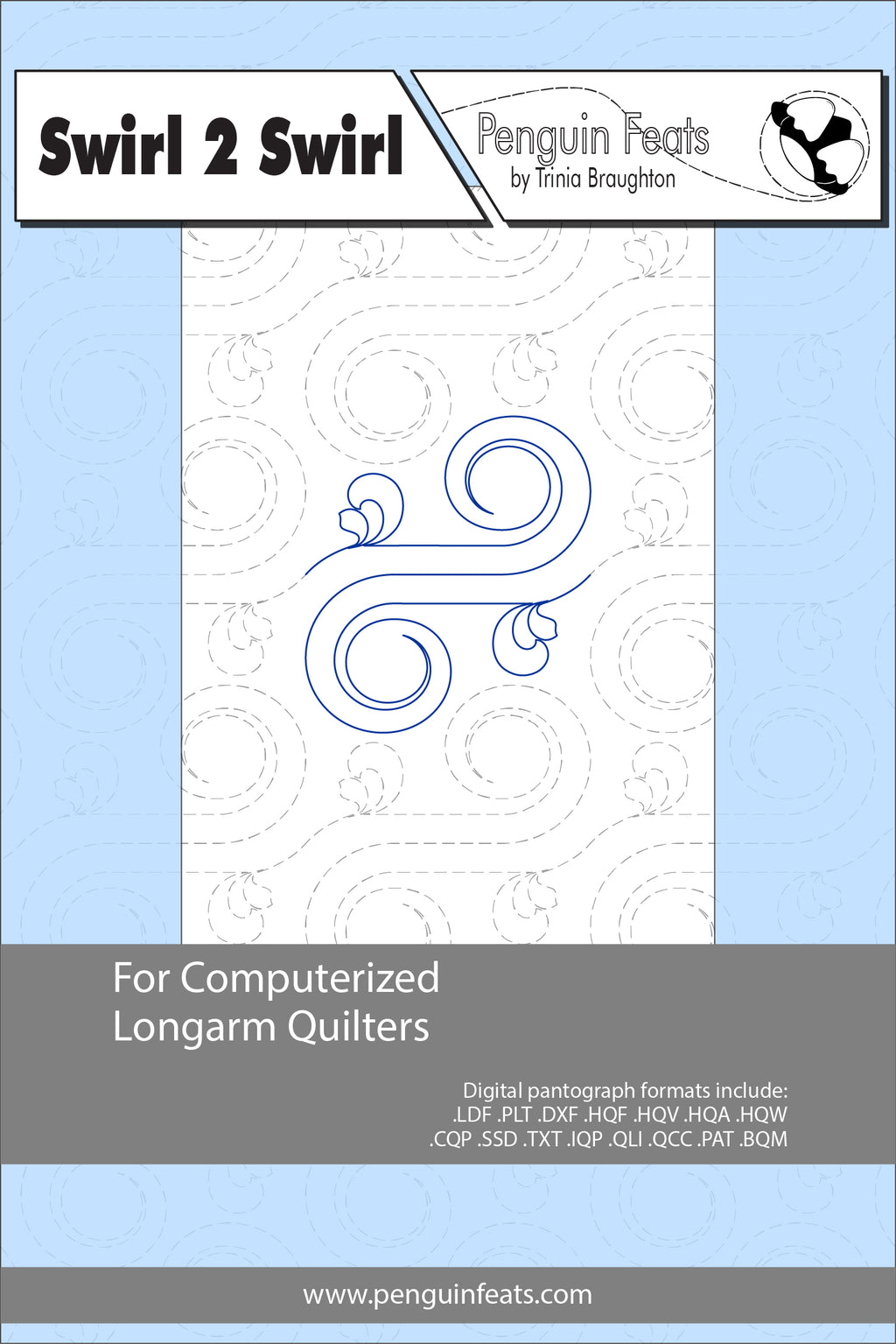 Quilting design sheet for computerized longarm quilters with a blue and gray color scheme.