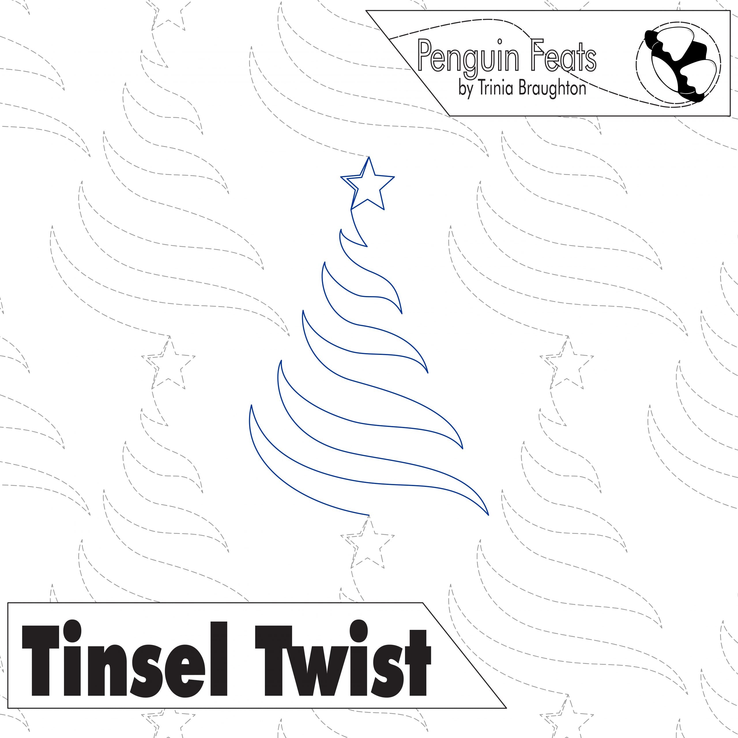 Outline of a Christmas tree with a star on top, labeled 'Tinsel Twist' by Penguin Feats.