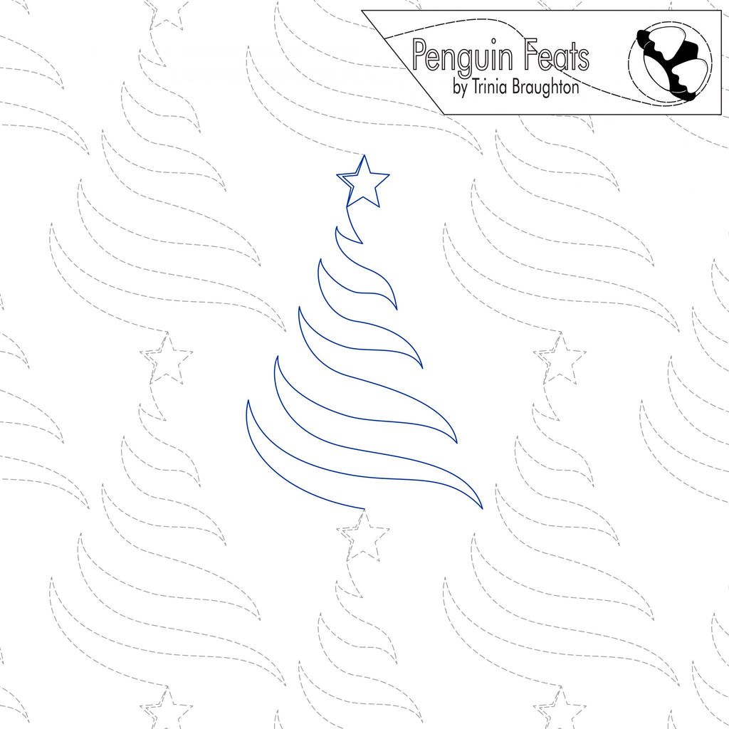 Outline of a Christmas tree with a star on top, surrounded by wavy lines, from 'Penguin Feats' by Trinia Braughton.