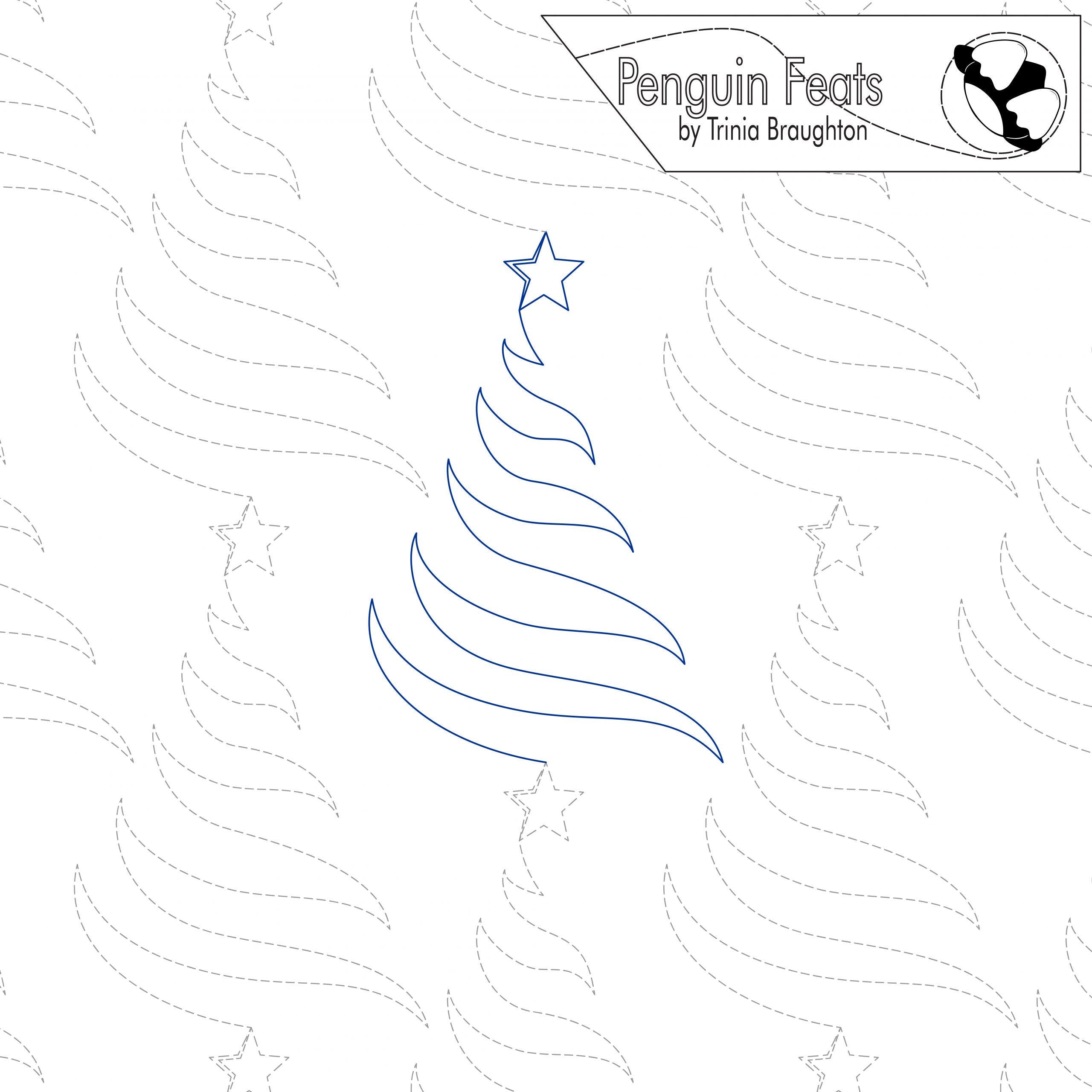 Outline of a Christmas tree with a star on top, surrounded by wavy lines, from 'Penguin Feats' by Trinia Braughton.