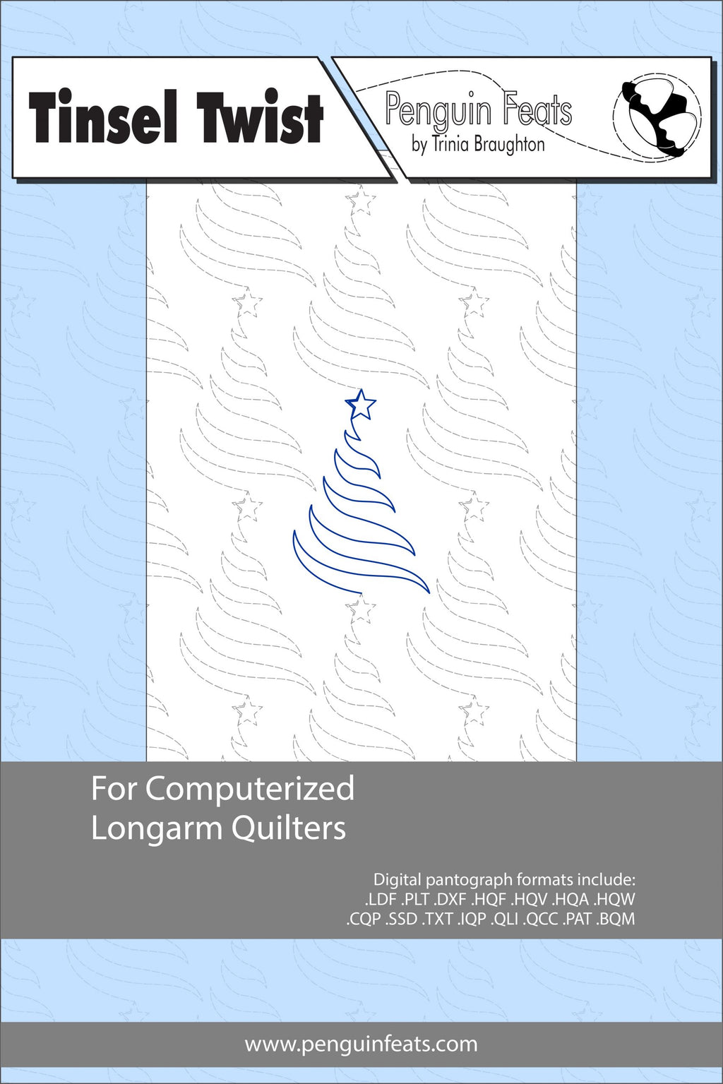 Design pattern for computerized longarm quilters with a Christmas tree and star on a white background.