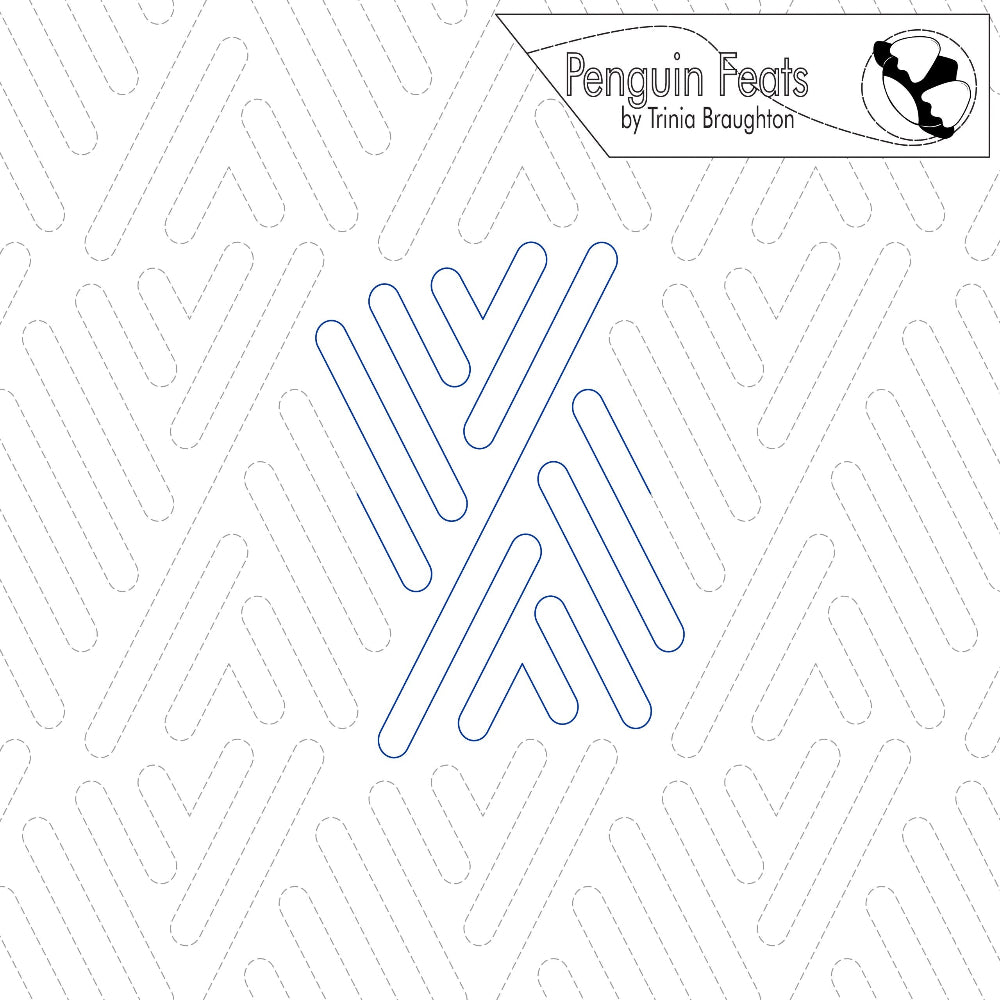 Design with geometric pattern and 'Penguin Feats' branding on a white background