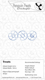 Design sheet for three treats with branding and technical specifications.