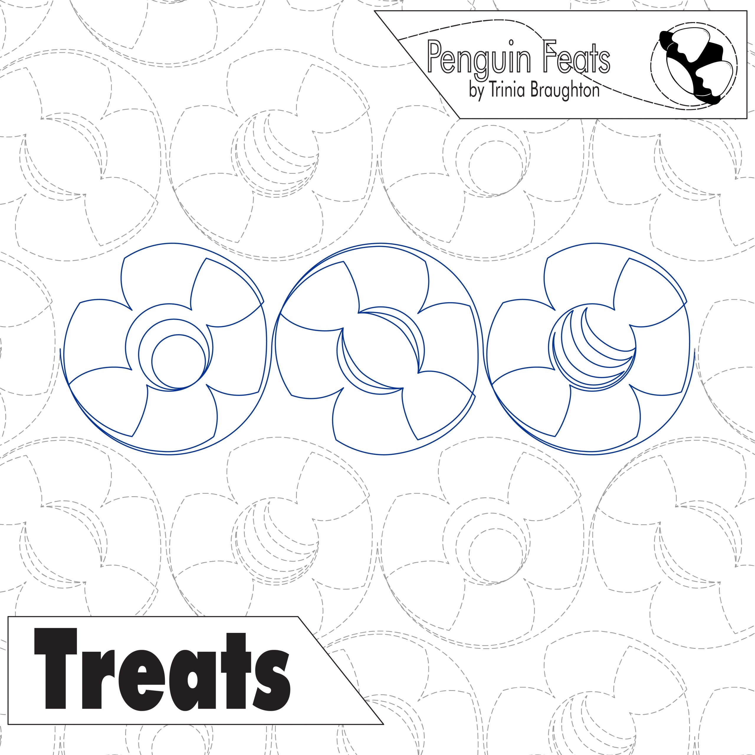 Design of propellers with 'Penguin Feats' branding and 'Treats' text on a patterned background.