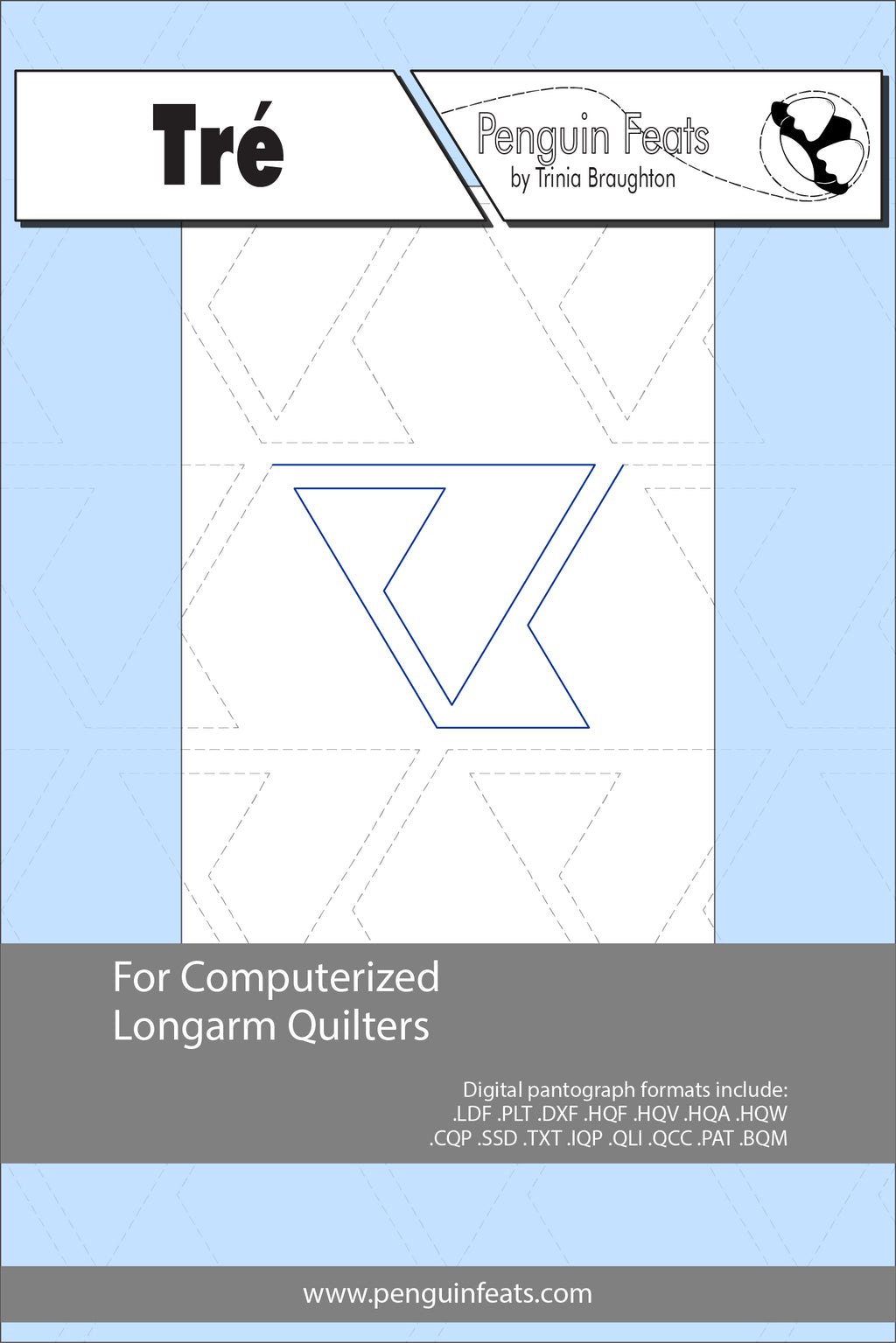 Pattern sheet with blue design on a white background, titled 'Tré' with 'Penguin Feats' branding.