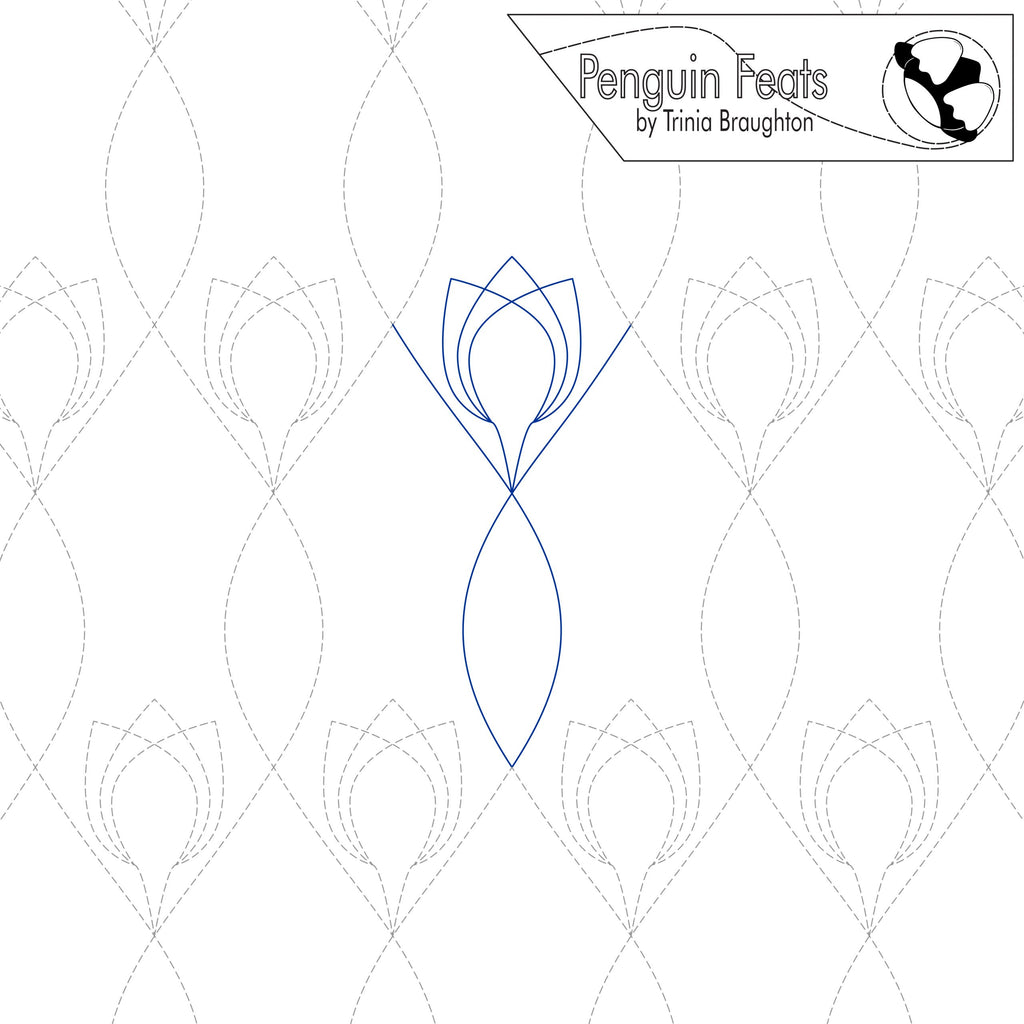 Design with geometric patterns and 'Penguin Feats' branding on a white background