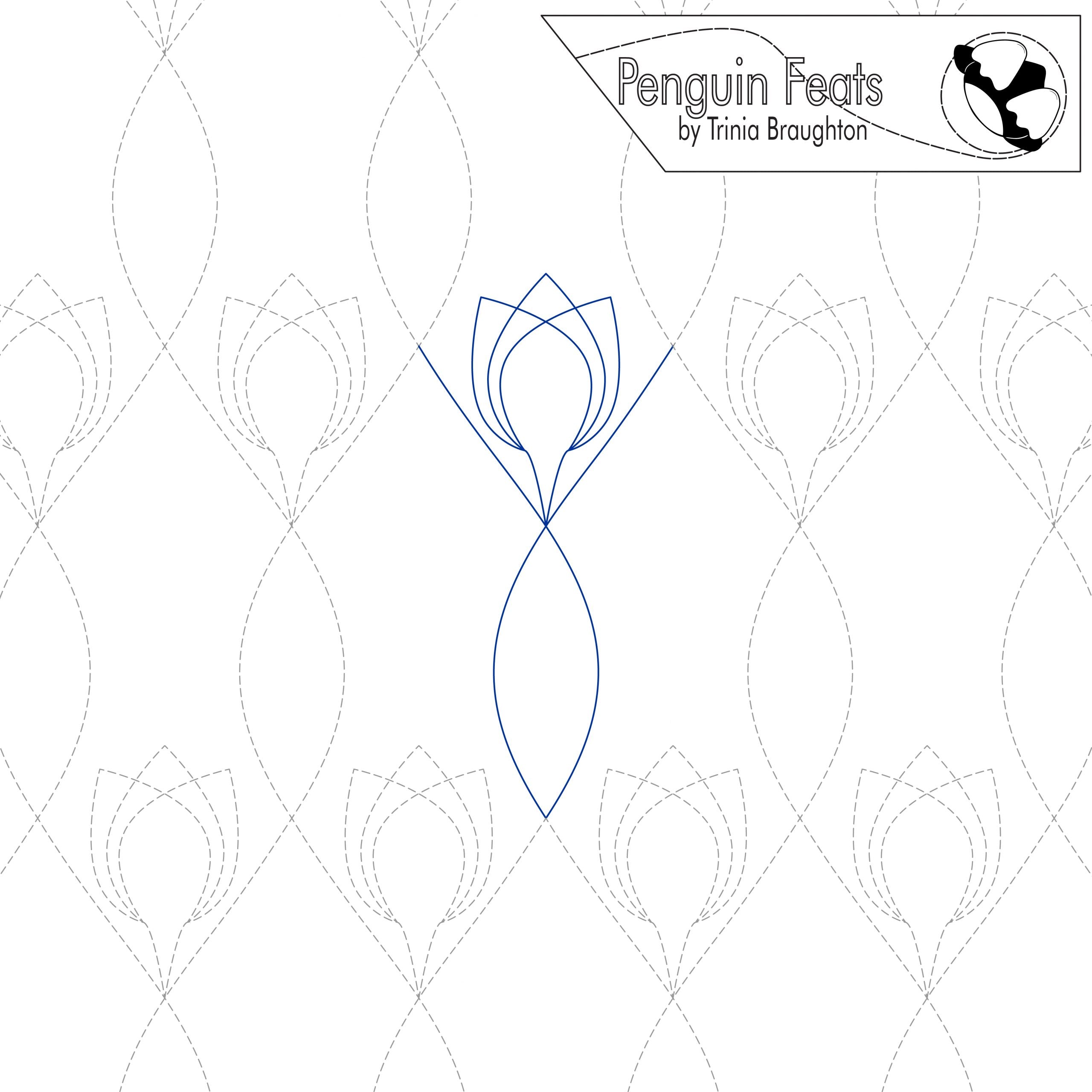 Design with geometric patterns and 'Penguin Feats' branding on a white background