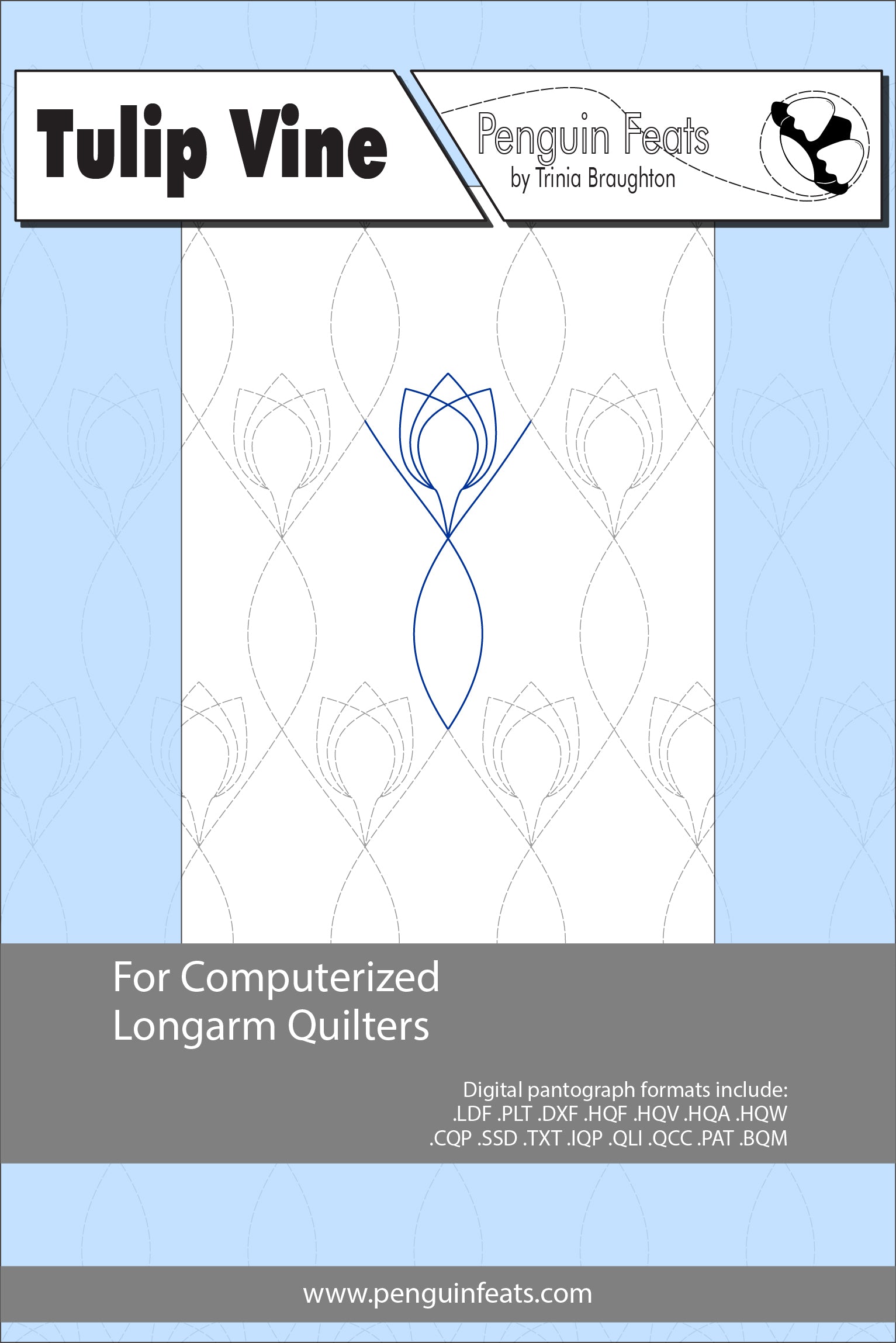 Design sheet for computerized longarm quilters with tulip vine pattern on a blue background