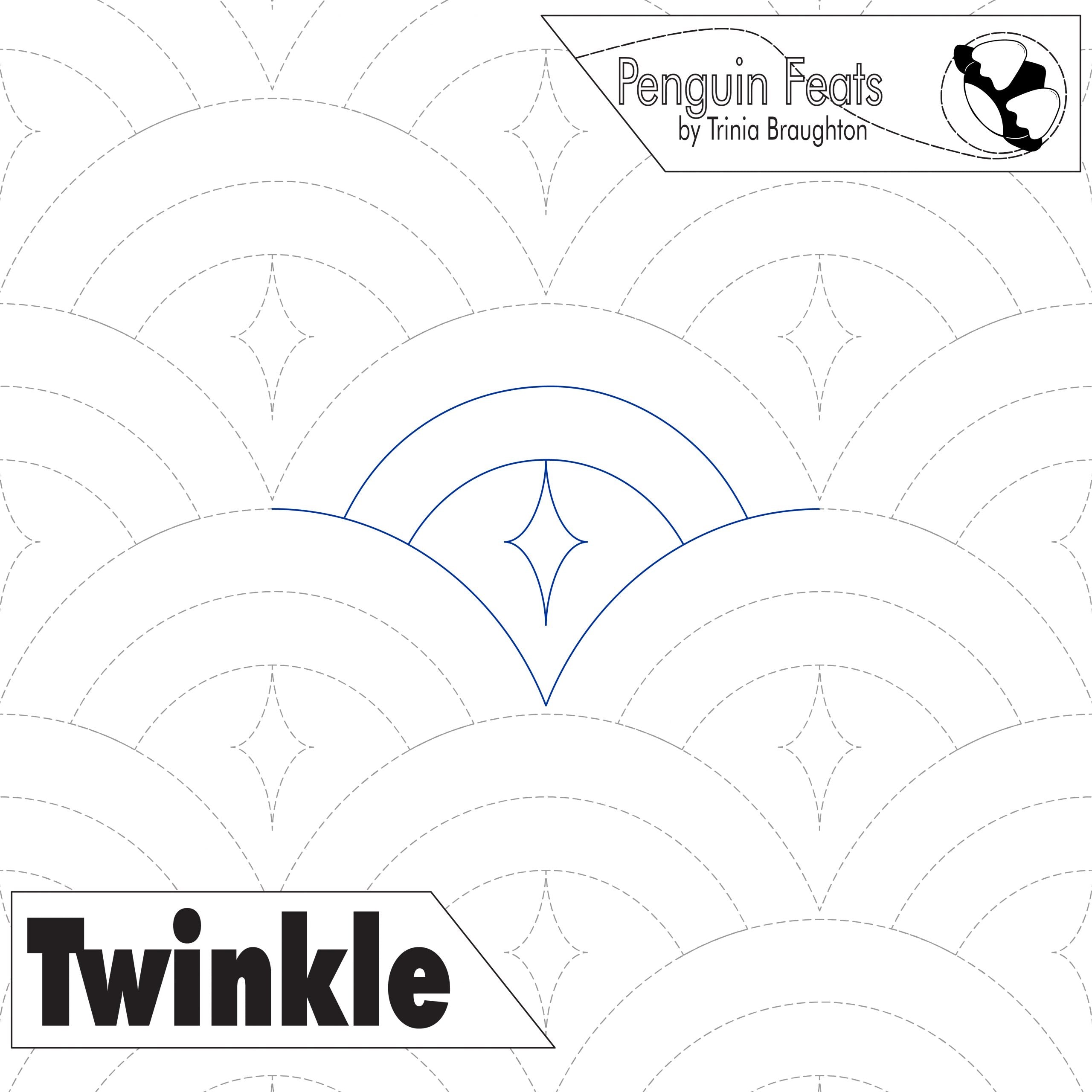 Pattern design with concentric circles and a star-like shape, featuring the brand 'Penguin Feats' and 'Twinkle'.