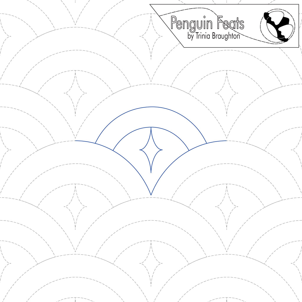 Quilting design with circular patterns and 'Penguin Feats' branding.