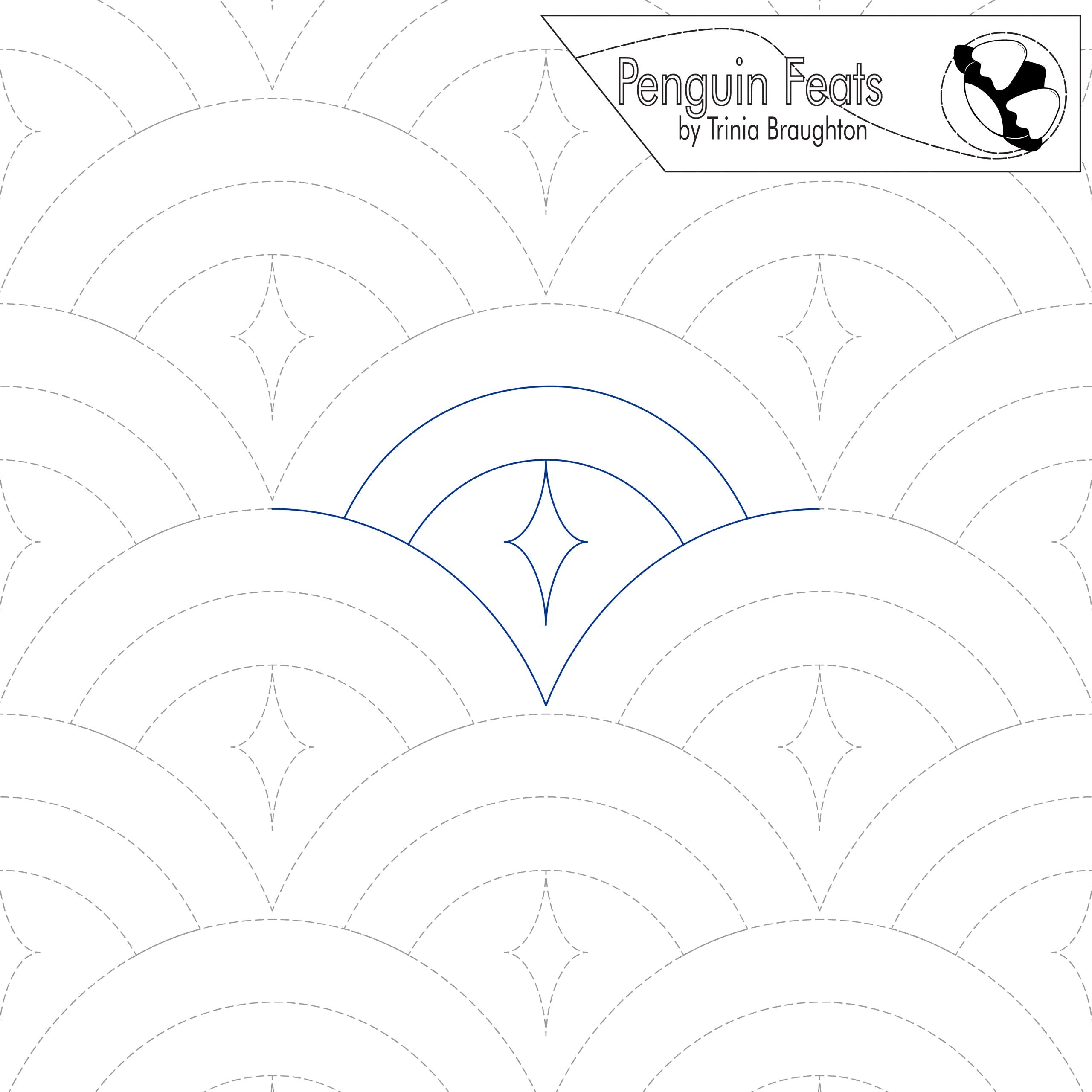 Quilting design with circular patterns and 'Penguin Feats' branding.