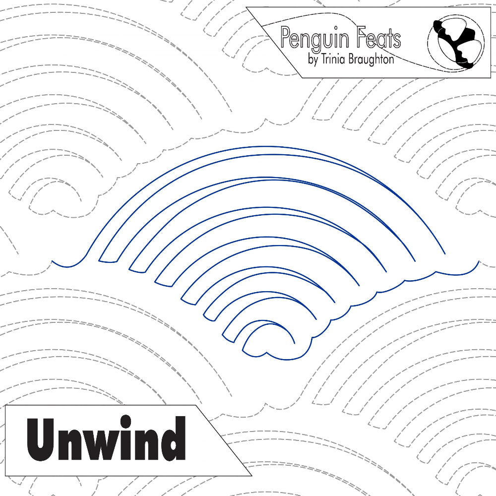 Cover of 'Unwind' by Penguin Feats with a blue rainbow arcing design with background repeat of continuous line design.  