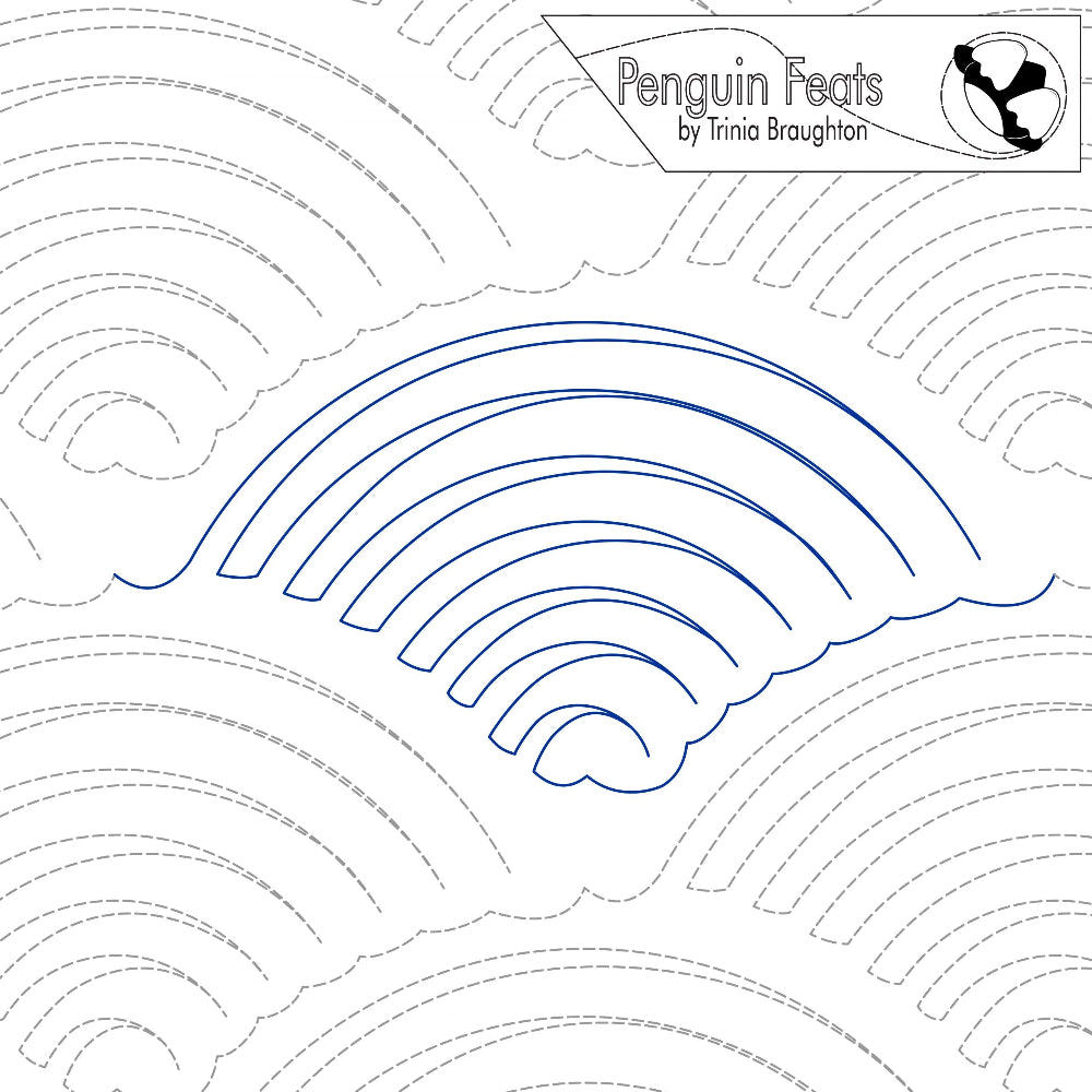 Continuous line design of arcing lines in a fan shape and 'Penguin Feats' branding.