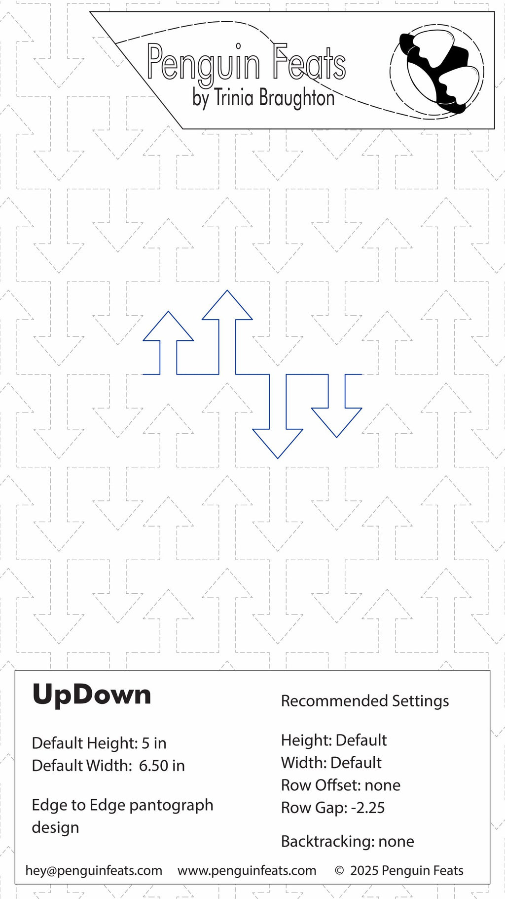 Penguin Feats UpDown design sheet with settings and branding information.
