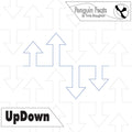 Pattern of blue arrows on a white background with 'Penguin Feats' branding.
