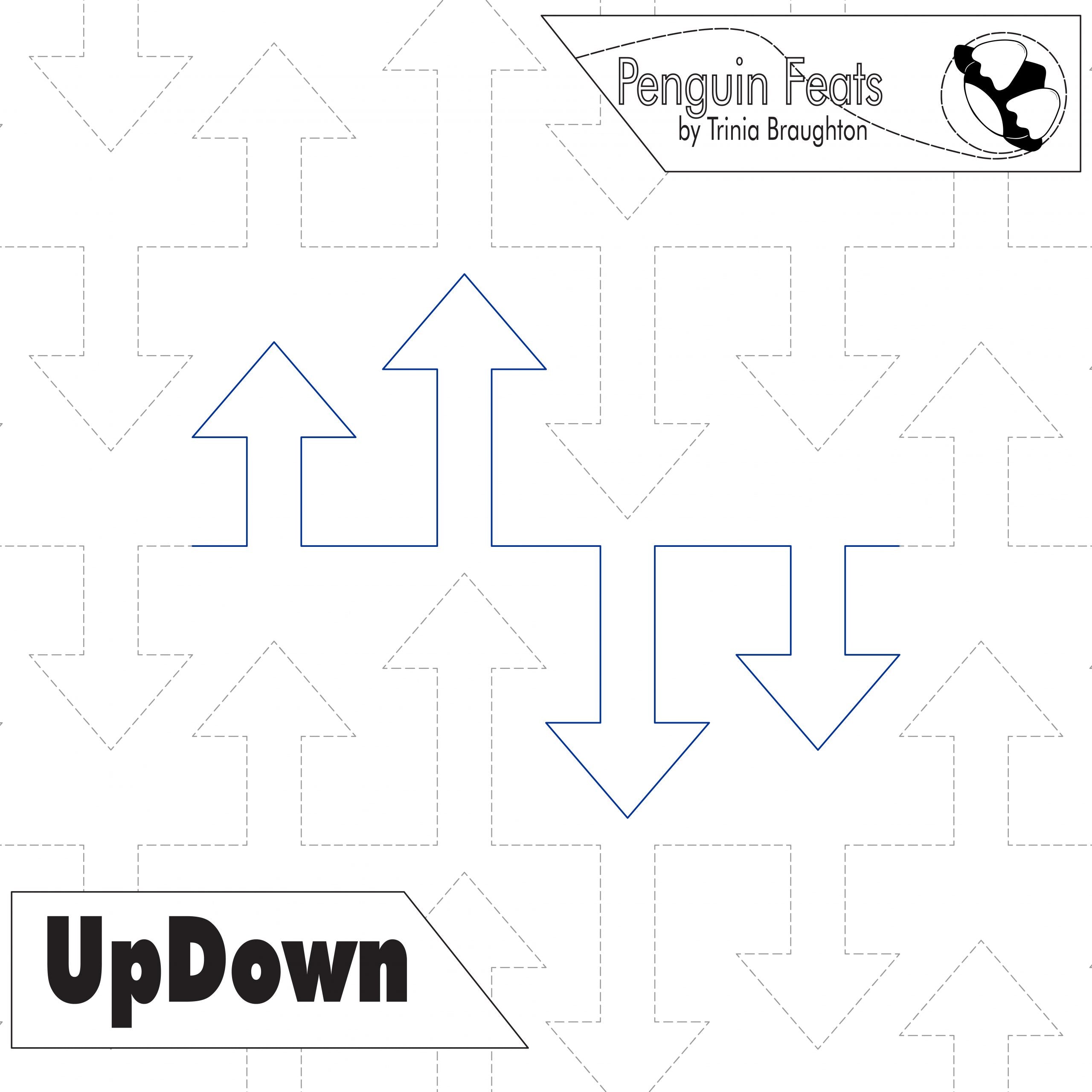 Pattern of blue arrows on a white background with 'Penguin Feats' branding.