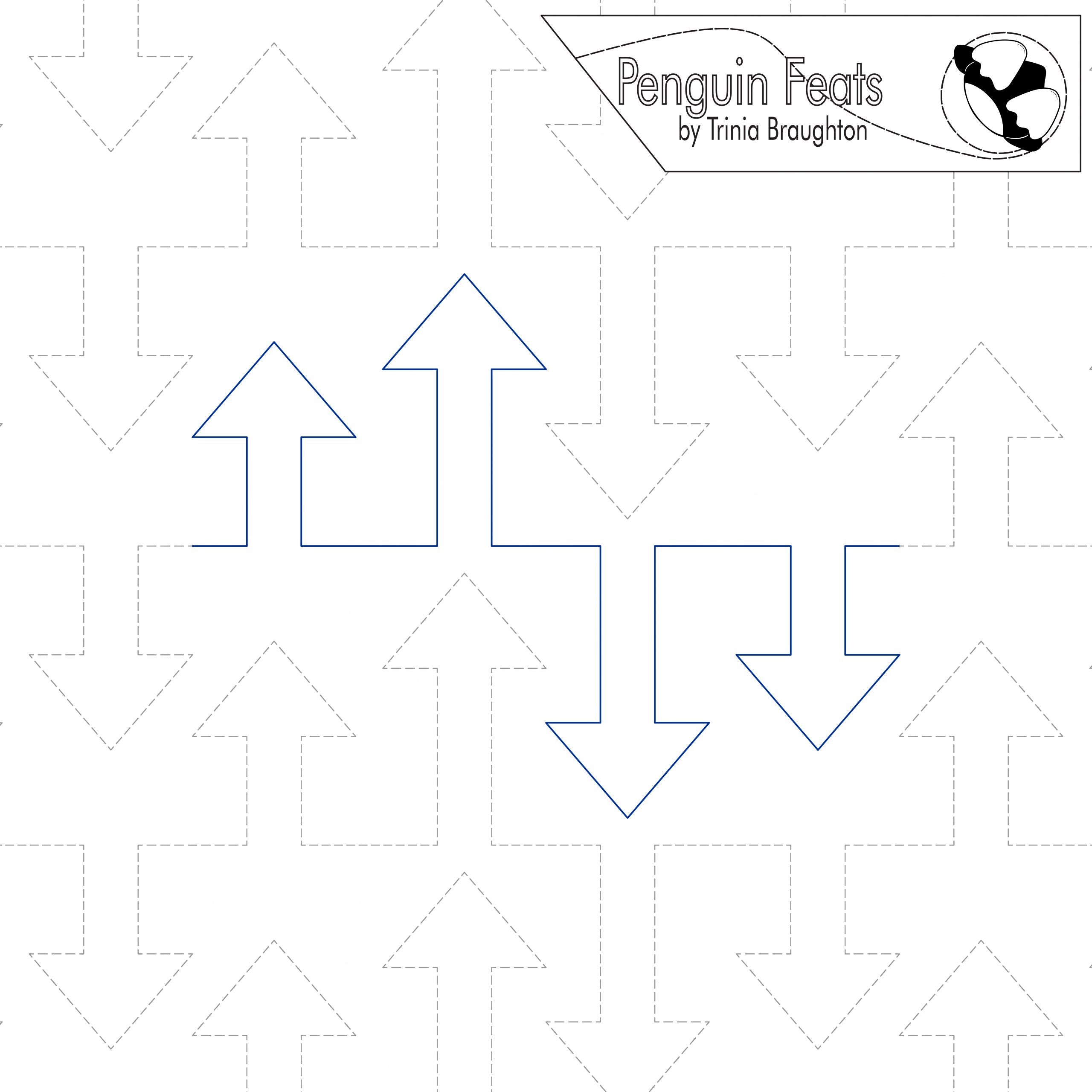 Pattern of blue arrows on a white background with 'Penguin Feats' branding.