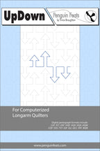 Quilting design sheet titled 'Up Down' by Penguin Feats with arrows and grid design on a blue background.