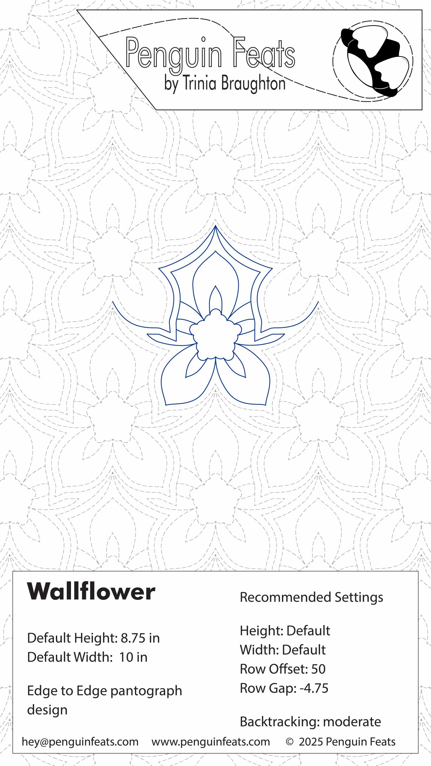 Design sheet for 'Wallflower' with intricate repeating floral pattern and branding information.