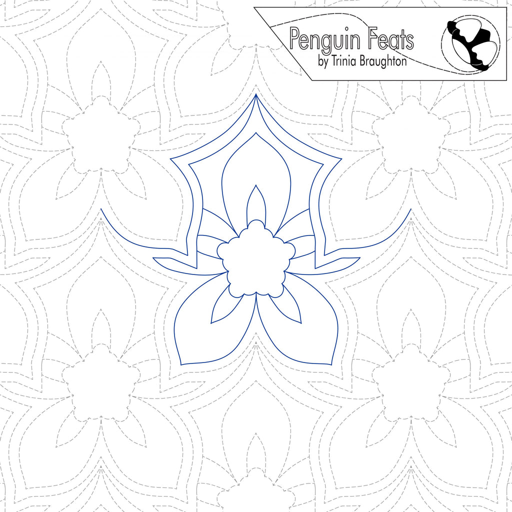 Continuous line design of intricate flower repeating on a white background, featuring 'Penguin Feats' by Trinia Braughton.
