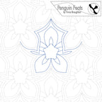 Continuous line design of intricate flower repeating on a white background, featuring 'Penguin Feats' by Trinia Braughton.