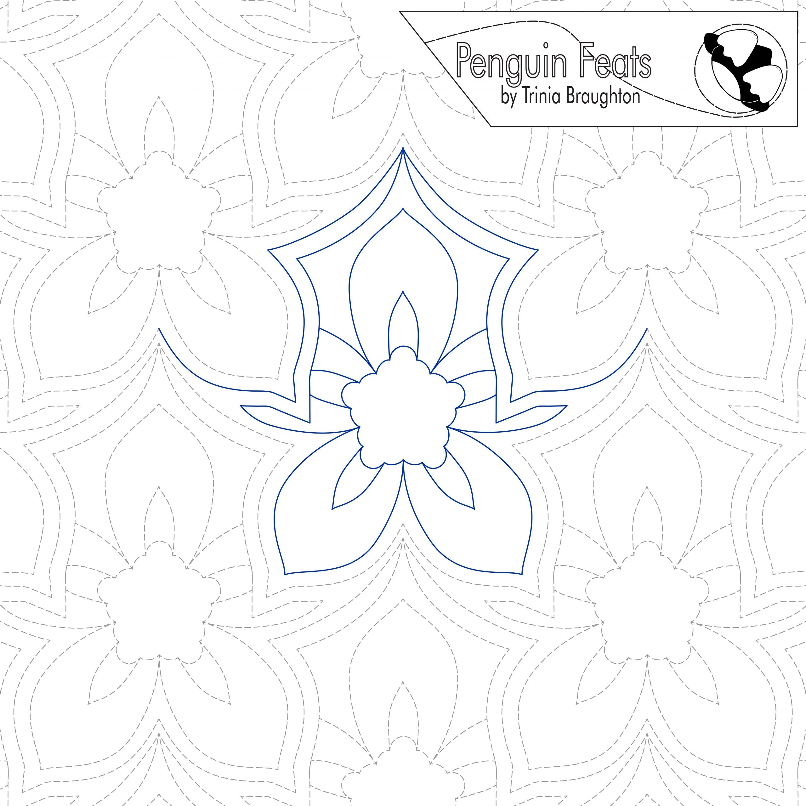 Continuous line design of intricate flower repeating on a white background, featuring 'Penguin Feats' by Trinia Braughton.