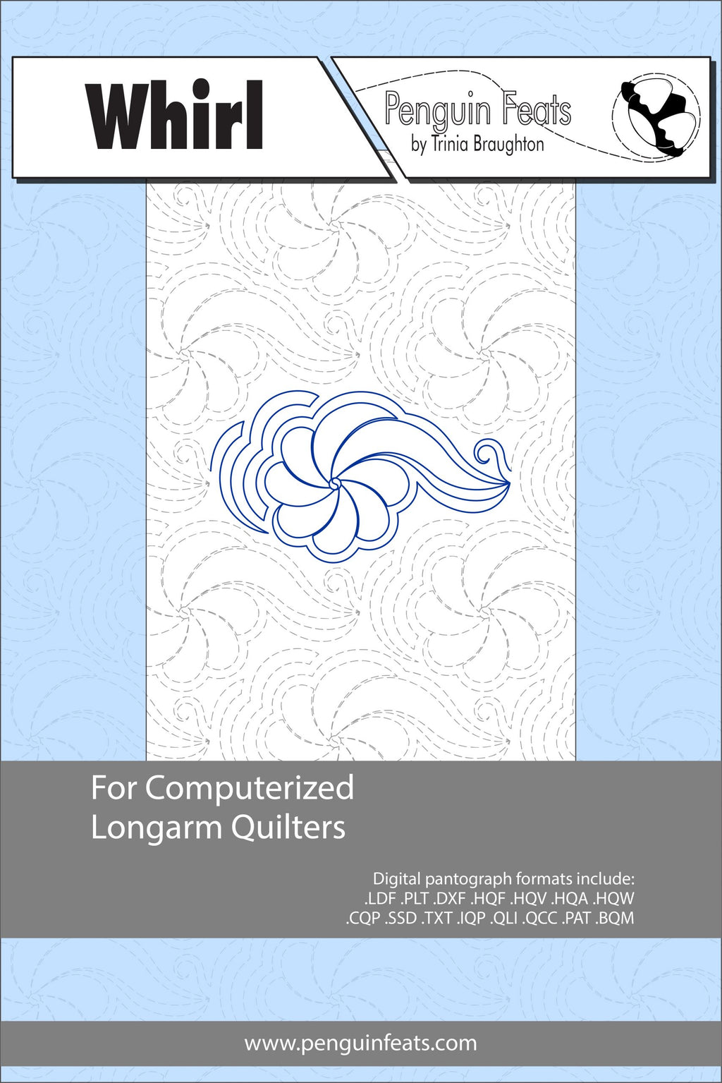 Quilting design sheet for computerized longarm quilters with a blue and gray color scheme.