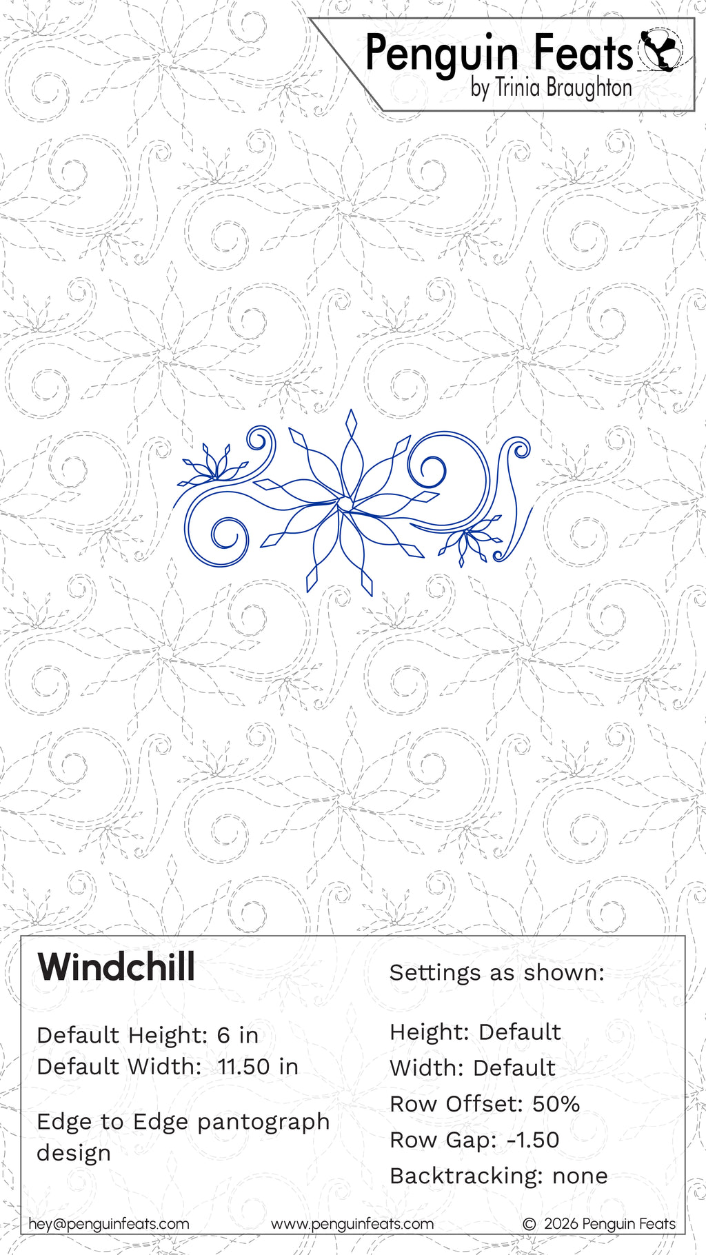 A digital preview sheet for a quilting pattern called Windchill from 'Penguin Feats' by Trinia Braughton, on a white background with gray dotted floral snowflake outlines and informational text at the bottom.