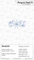 A digital preview sheet for a quilting pattern called Windchill from 'Penguin Feats' by Trinia Braughton, on a white background with gray dotted floral snowflake outlines and informational text at the bottom.
