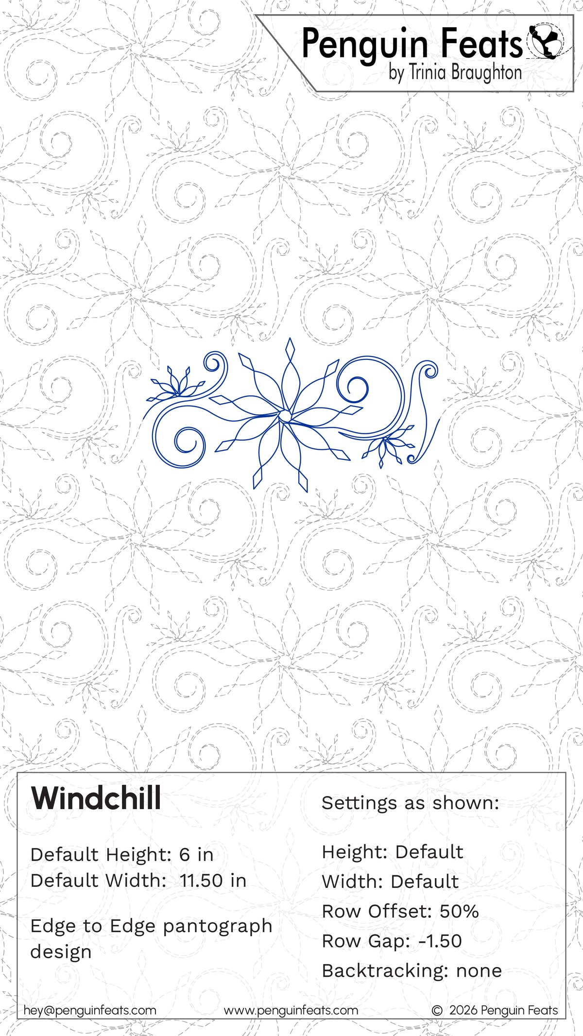 A digital preview sheet for a quilting pattern called Windchill from 'Penguin Feats' by Trinia Braughton, on a white background with gray dotted floral snowflake outlines and informational text at the bottom.