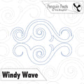 Quilting design 'Windy Wave' continuous line waves with swirls and 'Penguin Feats' branding.