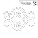 Decorative swirl design with 'Penguin Feats' logo at the top right corner.