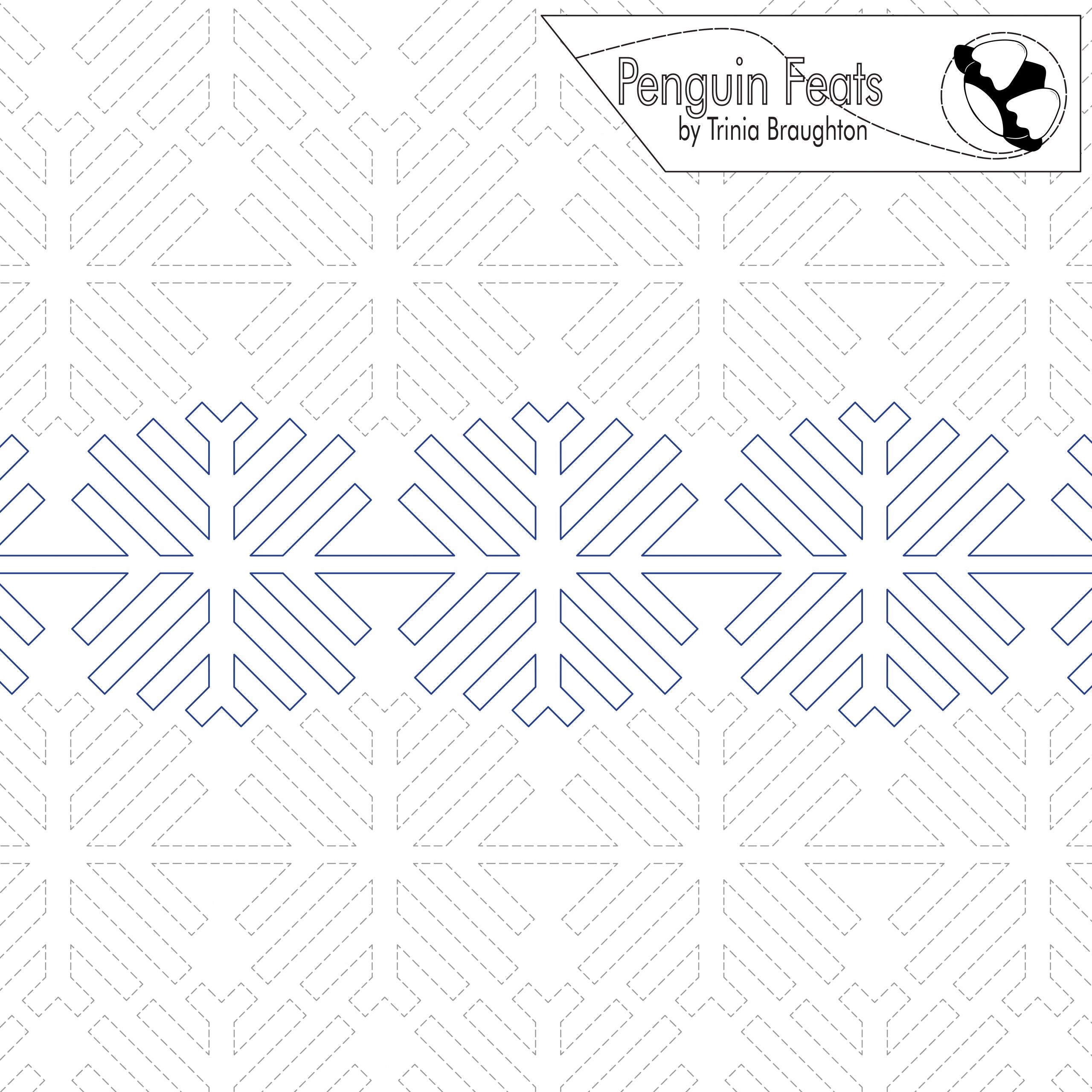 Pattern design with geometric shapes and 'Penguin Feats' branding.