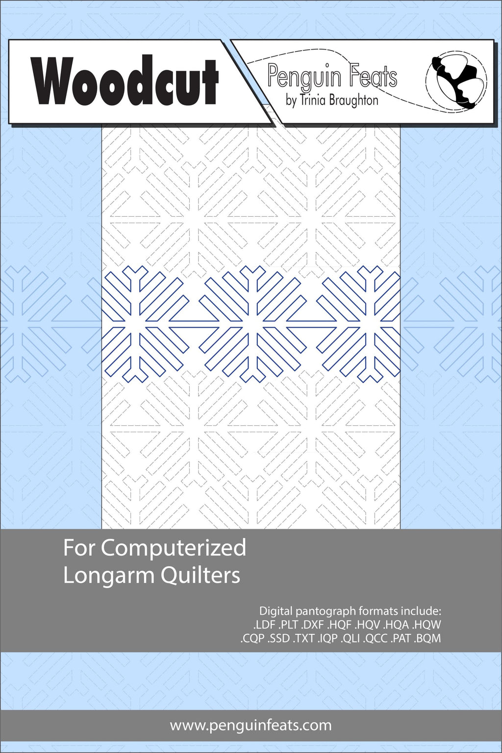 Woodcut pattern sheet for computerized longarm quilters with geometric design on cover