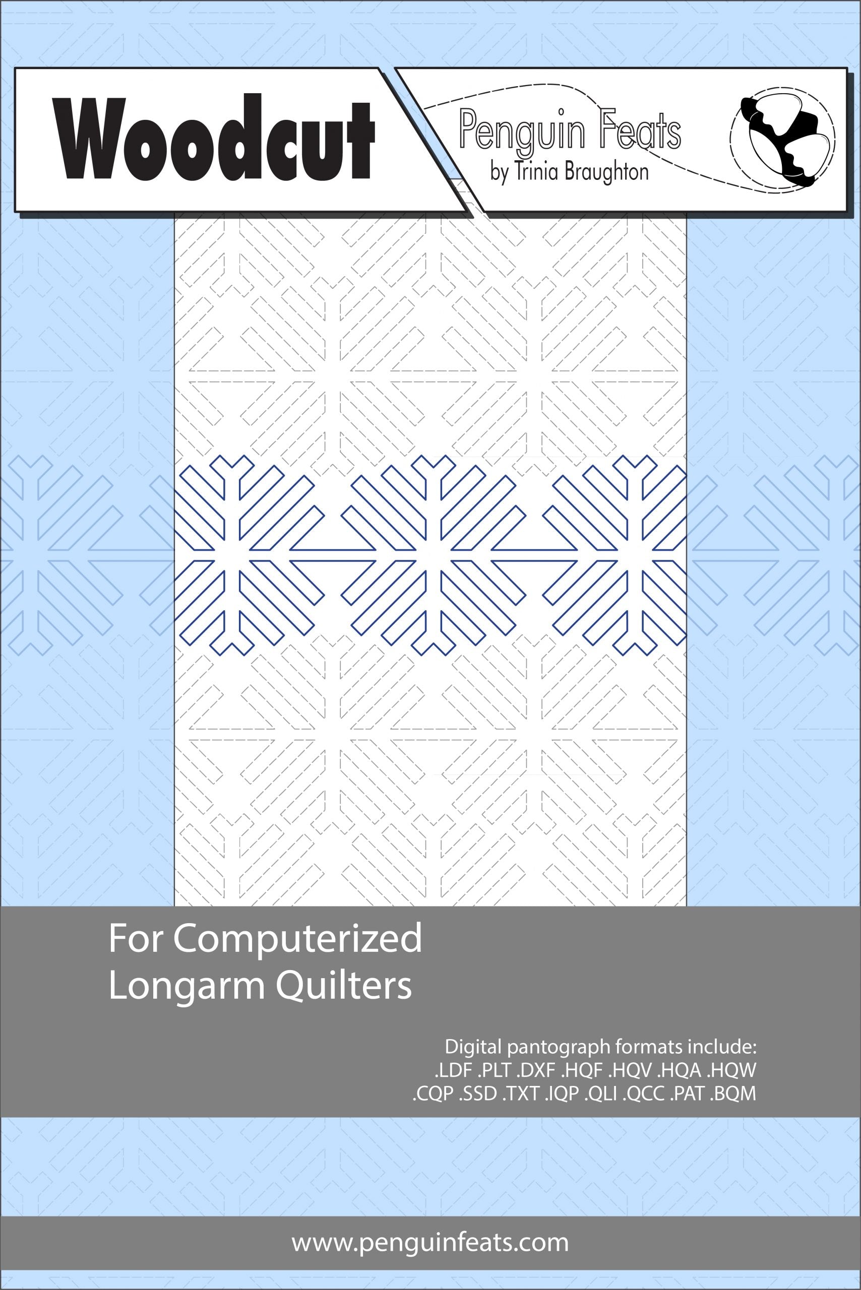 Woodcut pattern sheet for computerized longarm quilters with geometric design on cover